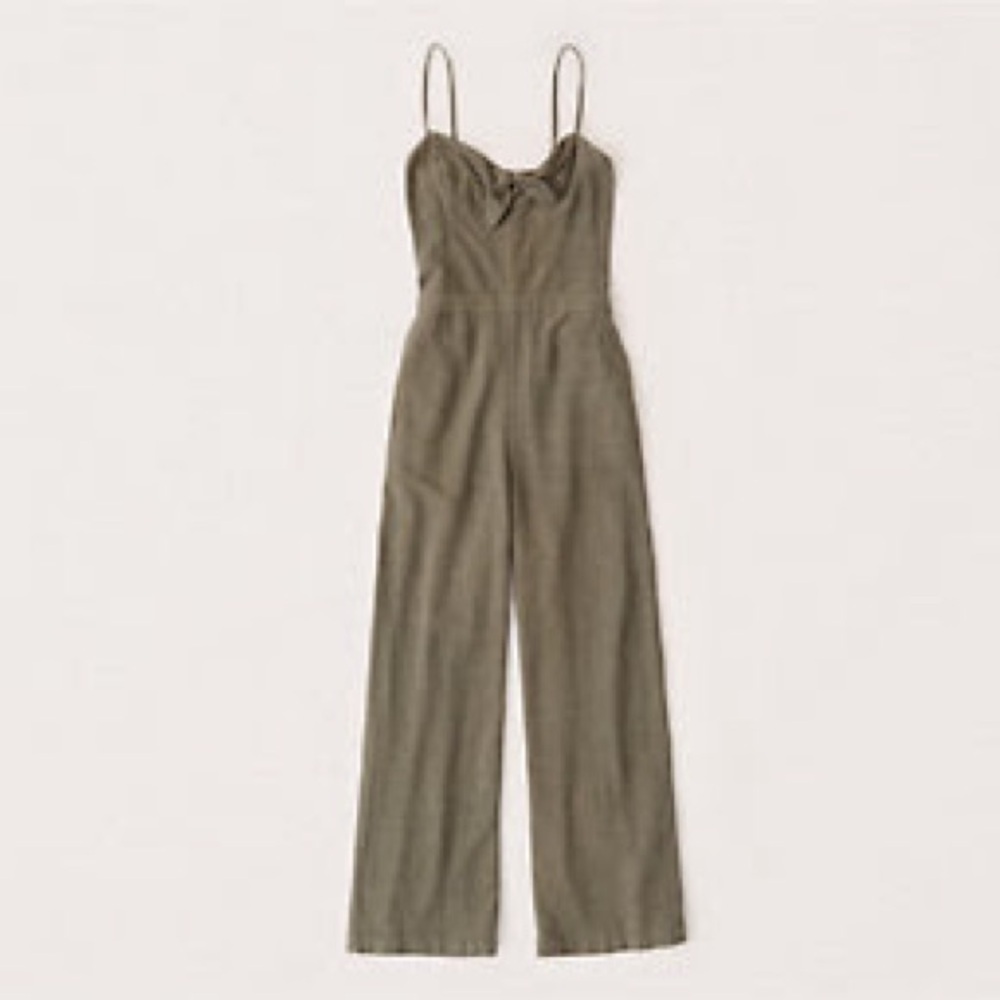 Abercrombie & Fitch Tie-Front Ankle Cropped Jersey Jumpsuit, Olive Green